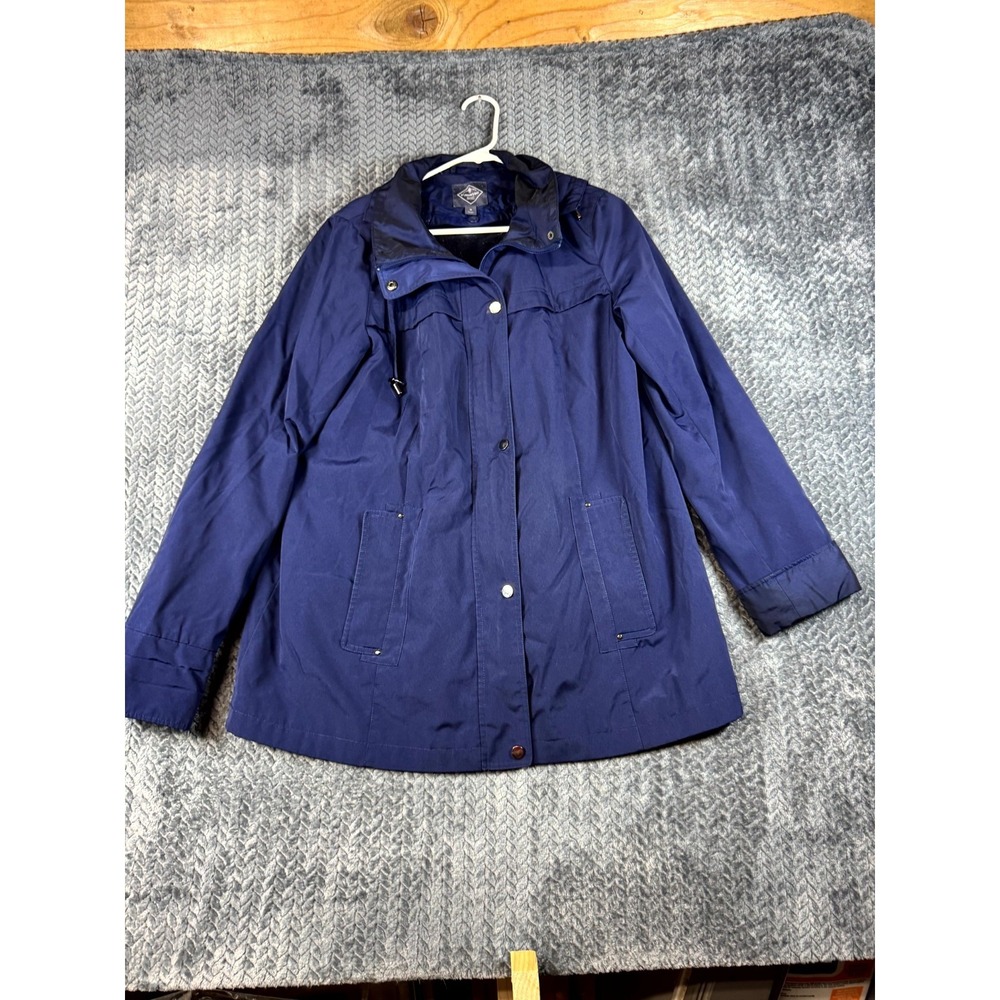 St. John's Bay Rain Jacket Womens Medium Navy Blue Waterproof Hooded Snap Front